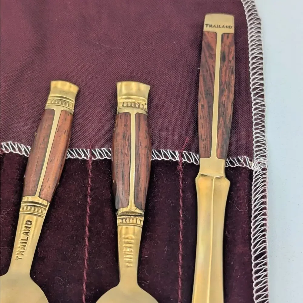 Vintage Thailand Brass & Rosewood Spoon Set – Flatware w Velvet Case